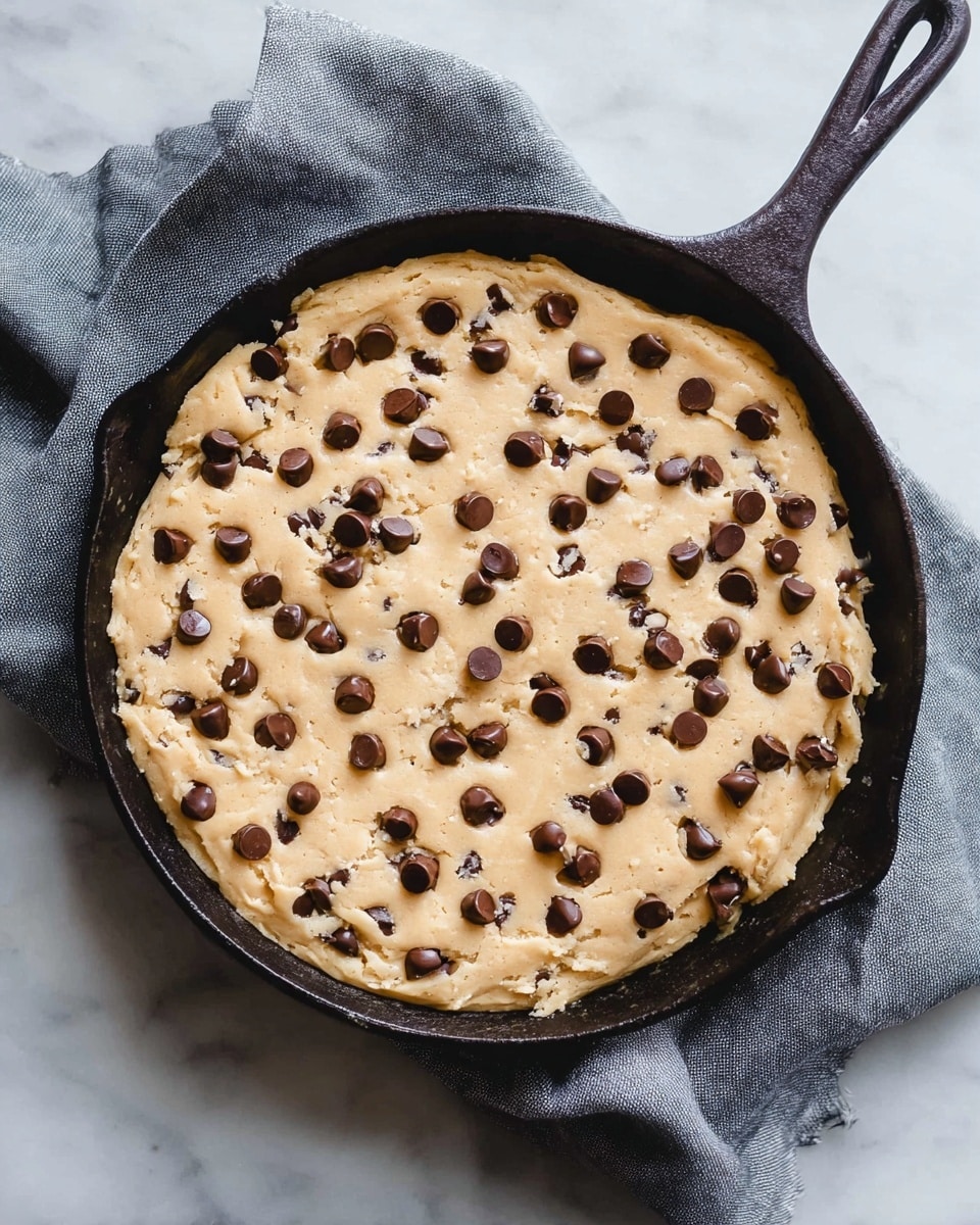 A round, lightly golden cookie dough spread evenly in a black cast iron skillet, studded with many dark chocolate chips scattered across the surface. The dough has a soft texture with some small, uneven wrinkles and slight indentations. The skillet rests on a folded gray cloth on top of a white marbled surface. photo taken with an iphone --ar 4:5 --v 7