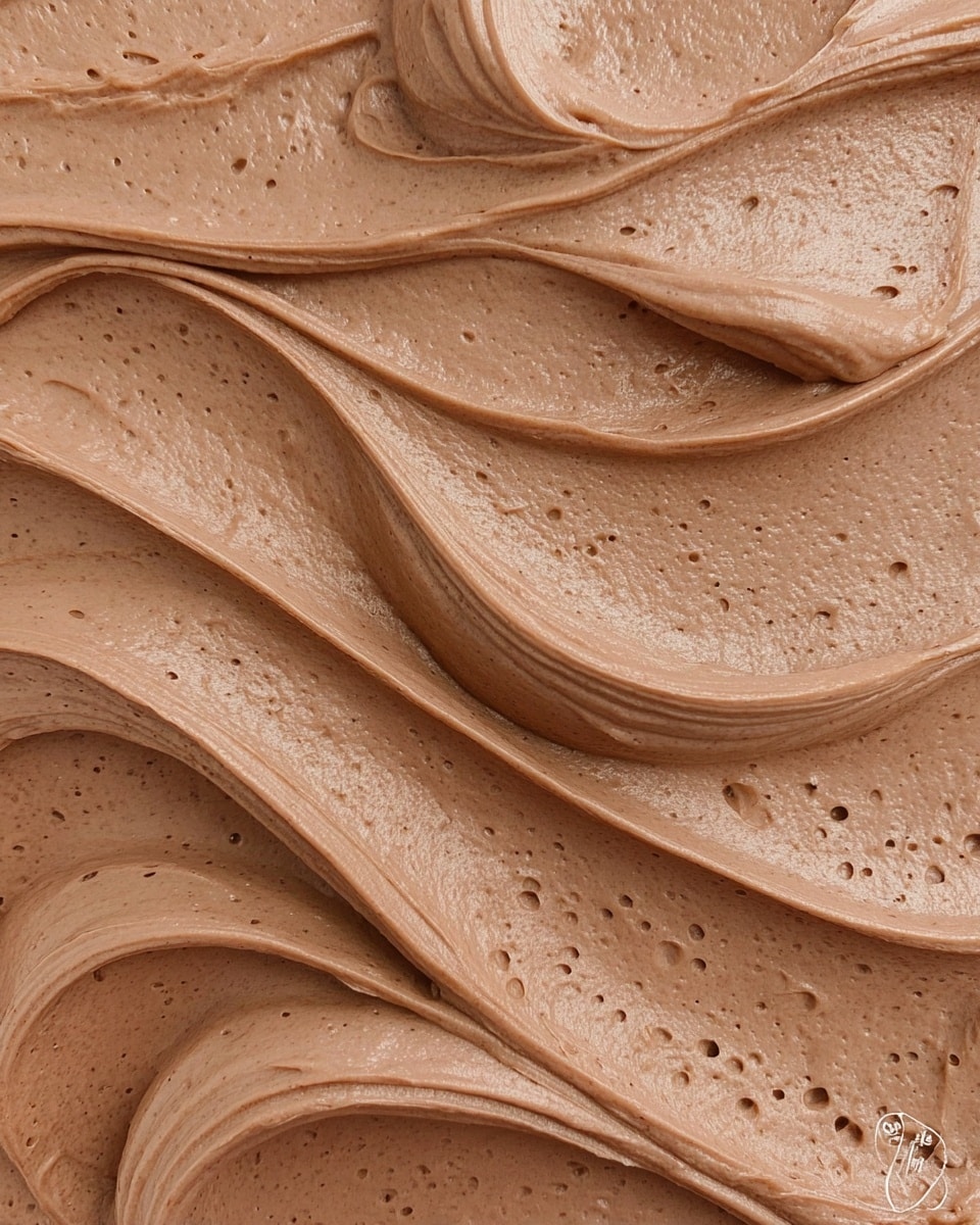 The image shows a close-up view of a smooth, thick layer of light brown chocolate mousse spread evenly in a container. The surface has many soft, flowing swirls and curved waves made by a tool or woman's hand, creating a textured and creamy look. The mousse has tiny air bubbles scattered throughout, adding a light and airy feel. The base is not visible but the focus is fully on the rich, smooth mousse texture. photo taken with an iphone --ar 4:5 --v 7