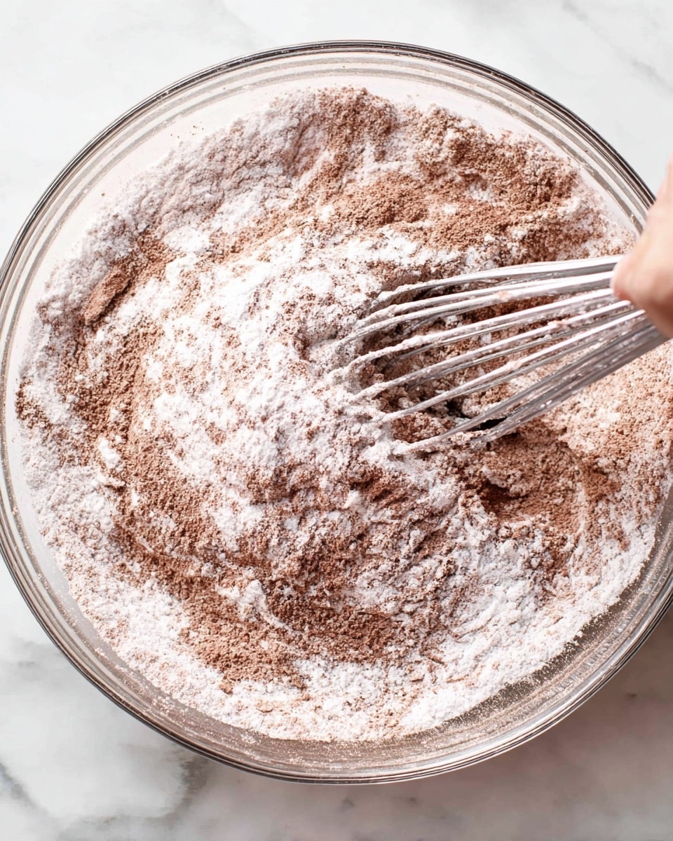 A clear glass bowl sits on a white marbled surface, filled with dry ingredients being mixed by a metal whisk. The mixture shows a base of brown powder, likely cocoa or spices, thoroughly covered and blended with white flour, giving a textured, slightly clumpy appearance. The whisk is held in a woman's hand, partly visible on the right side, adding motion to the mix. The bowl's transparent sides show the varying shades of brown and white powder swirling together. The light enhances the powdery texture and the metal whisk's shiny surface. photo taken with an iphone --ar 4:5 --v 7