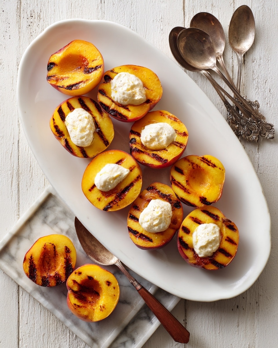 The image shows seven grilled peach halves with dark grill marks arranged on a white oval plate. Between the peach halves, there are dollops of white cream, spaced evenly to create contrast with the bright orange-yellow fruit. Next to the plate, on a baking tray, there are more grilled peach halves and a silver spoon with a brown handle. Above the tray, there are four silver spoons with ornate handles placed on a white marbled surface. The scene is set on a white marbled wooden table that adds a soft rustic feel to the presentation. photo taken with an iphone --ar 4:5 --v 7