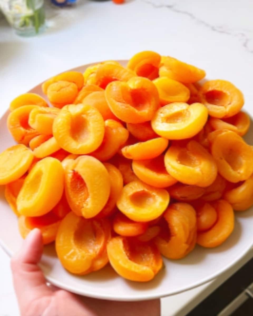 A white plate piled high with many small, round apricot halves, each showing a smooth shiny orange skin and a hollow center where the pit has been removed. The apricots have a slightly glossy texture, reflecting light softly. The plate is held by a woman's hand with a visible thumb on the left side. The background and surface are white marble, softly blending in with the clean, bright setting. photo taken with an iphone --ar 4:5 --v 7
