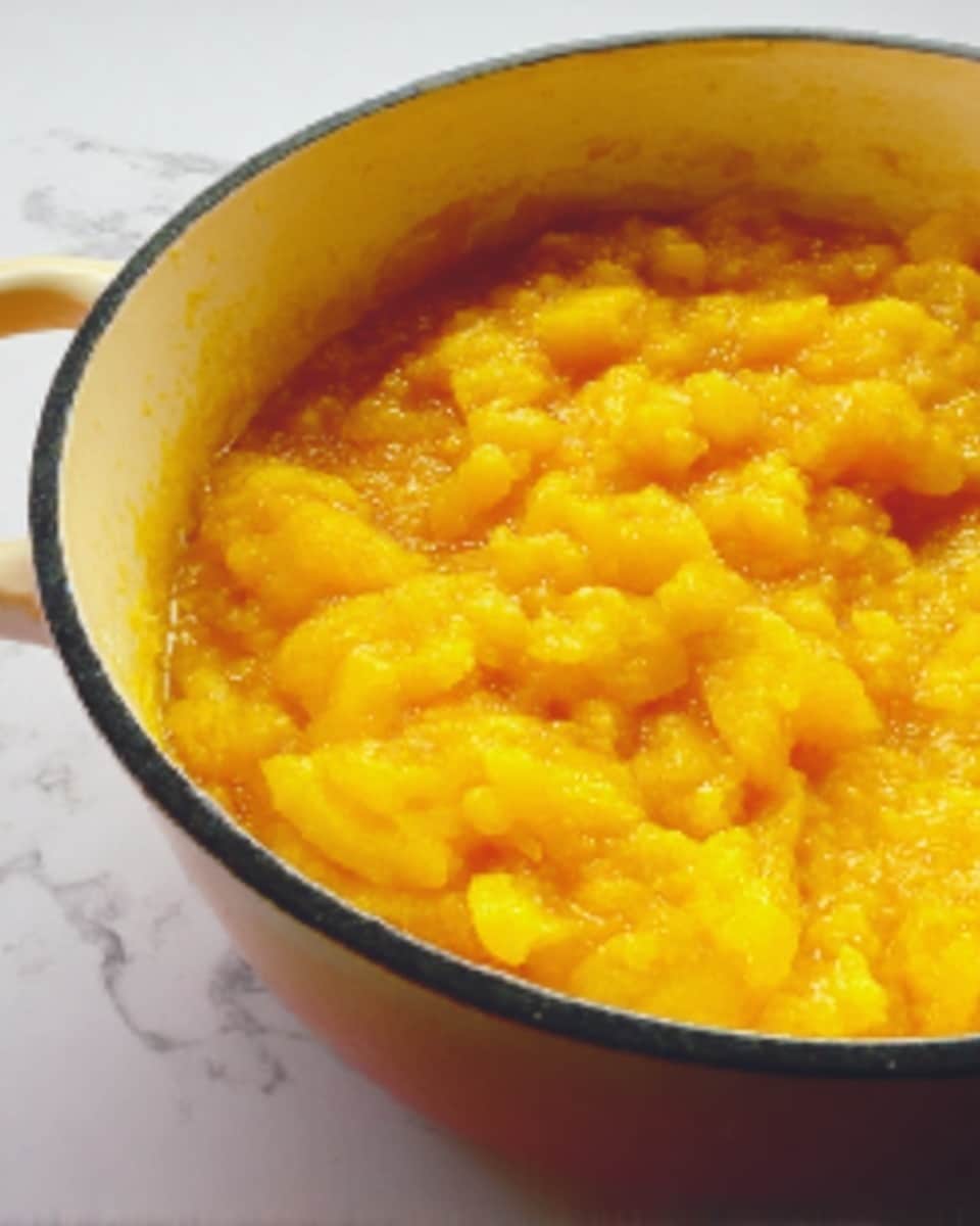 The image shows a close-up of a white pot filled with bright yellow cooked food, appearing soft and chunky with a slightly oily surface. The pot has a dark rim and sits on a white marbled surface. The texture looks smooth with visible small pieces, suggesting a warm, thick mixture. Photo taken with an iphone --ar 4:5 --v 7