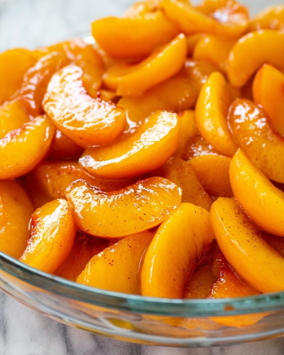 Close-up view of a clear glass dish filled with many slices of bright orange peaches. Each peach slice is coated with a light shiny glaze, showing a smooth texture with a few tiny cinnamon specks on the fruit. The slices are layered in a scattered, overlapping way, filling the dish and creating a warm, inviting look. The dish sits on a white marbled surface. photo taken with an iphone --ar 4:5 --v 7