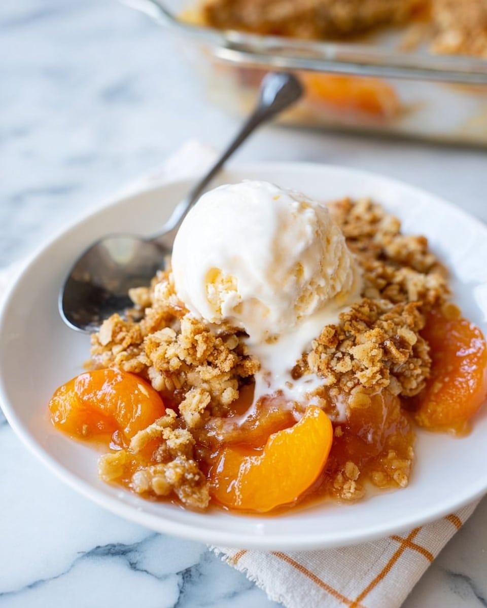 A white plate holds a serving of apricot crumble with three layers visible: the bottom layer is soft, orange apricot slices with a shiny, syrupy texture; above it is a golden-brown crumble topping that looks crunchy and coarse; sitting on top is a scoop of white vanilla ice cream, slightly melting and dripping down into the crumble. A silver spoon is partly buried in the dessert, and the plate is placed on a white marbled surface with a pale checkered cloth underneath at the edge. Photo taken with an iphone --ar 4:5 --v 7