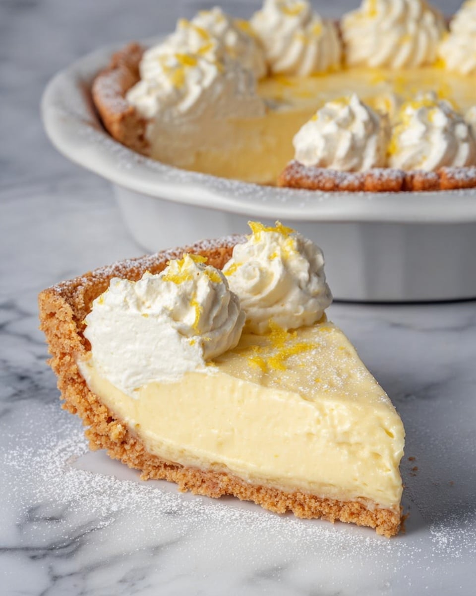 The image shows a slice of lemon cream pie with three thick layers: a light golden-brown crust at the bottom with a crumbly texture, a thick pale yellow creamy lemon filling in the middle, and three large dollops of white whipped cream on top, each topped with small bits of yellow lemon zest. The edges of the pie crust are dusted with powdered sugar. In the background, there is the rest of the pie in a white pie dish, showing a border of whipped cream dollops on the lemon layer, also dusted with powdered sugar. The pie slice and dish rest on a white marbled surface. Photo taken with an iphone --ar 4:5 --v 7