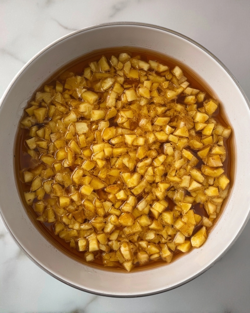 A top view of a white bowl filled with small, uniform light yellow and light brown diced pieces soaked in a thin brown sauce. The pieces are spread evenly inside the bowl, which is placed on a white marbled surface. The diced pieces have a soft, slightly shiny texture from the sauce, giving the dish a warm and cooked appearance. photo taken with an iphone --ar 4:5 --v 7