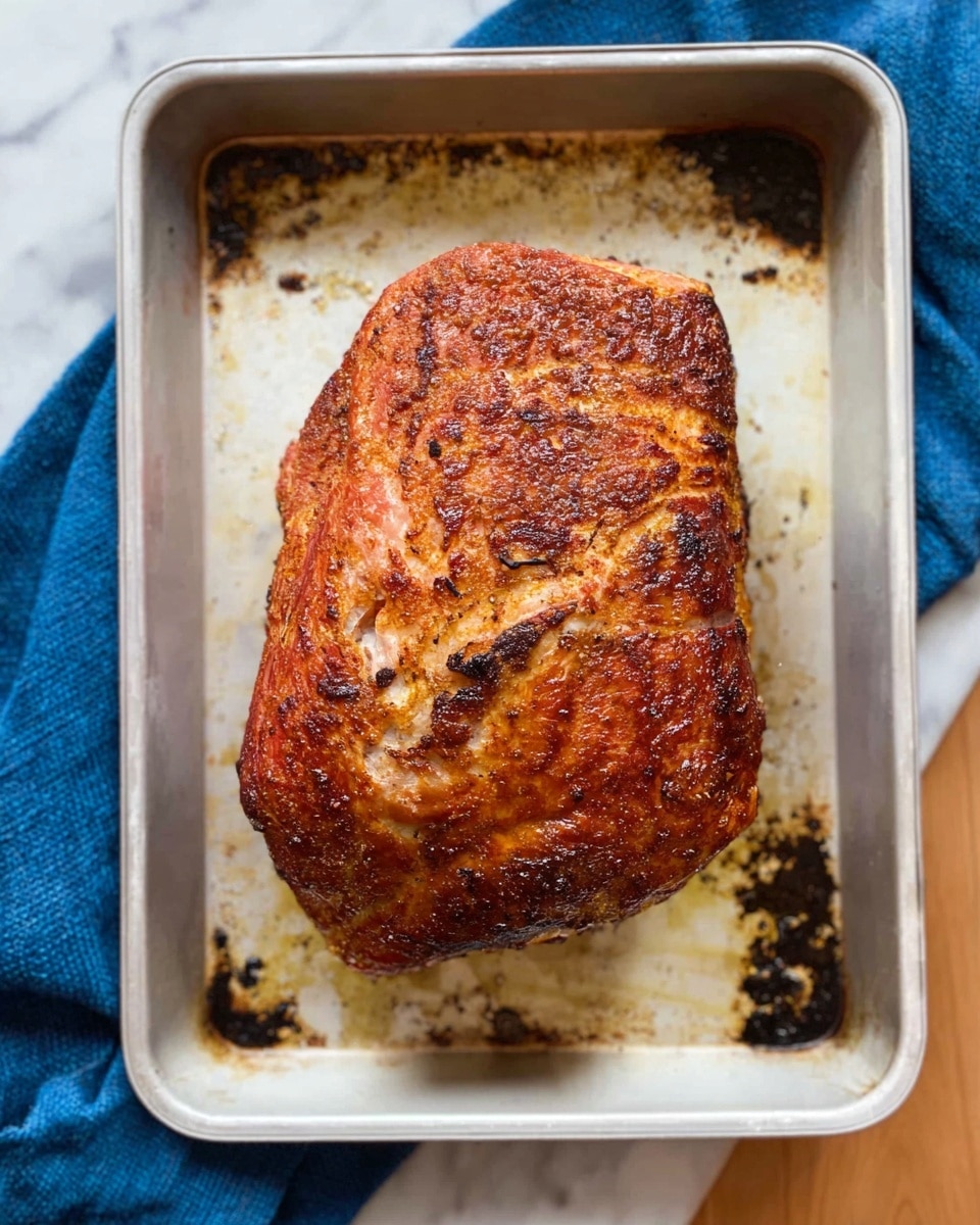 A single large piece of cooked meat with a golden brown outer layer sits centered in a white metal baking tray with some dark browned spots around the edges. The meat has a textured, slightly charred surface with uneven browning, showing some darker areas mixed with lighter golden reddish tones. The tray is placed on a white marbled surface with a blue cloth partially visible to the side. The photo taken with an iphone --ar 4:5 --v 7
