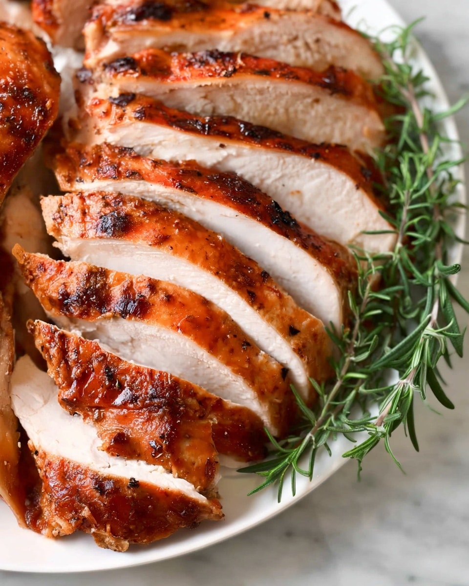 Slices of golden brown roasted turkey are arranged side by side on a white plate, showing a juicy and slightly crispy texture with a reddish-brown outer skin. The turkey slices have a smooth, moist white interior and charred marks that add depth to the color. To the right of the turkey, a small bunch of fresh green rosemary rests on the plate, adding a pop of color and a natural element. The plate is set on a white marbled surface that softly reflects light, creating a clean and elegant look. Photo taken with an iphone --ar 4:5 --v 7
