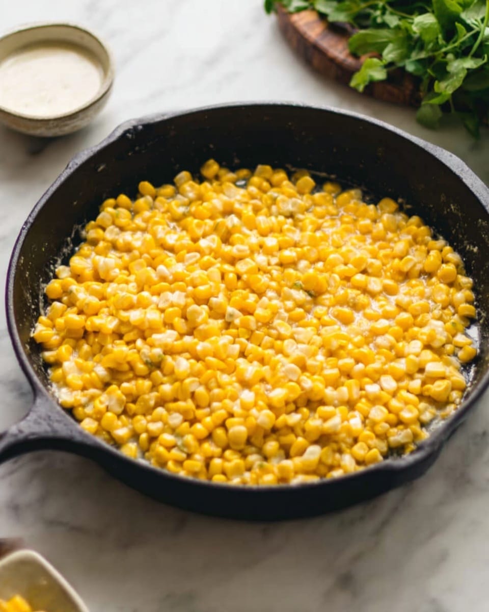 A black cast iron pan filled to the top with bright yellow corn kernels that are cooked and slightly glossy, showing some soft white bits mixed in, creating a warm and creamy texture. The pan is placed on a white marbled surface, and in the background, there is a small cup of white sauce and a bunch of green herb leaves out of focus. Photo taken with an iphone --ar 4:5 --v 7