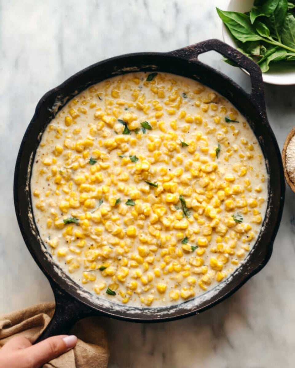 The image shows a black cast iron skillet filled with a creamy yellow corn dish. The top layer is full of shiny corn kernels mixed with a smooth white sauce. The skillet sits on a white marbled surface. In the upper right corner, there is a small white bowl with fresh green leaves. A woman's hand is holding the upper handle of the skillet. photo taken with an iphone --ar 4:5 --v 7