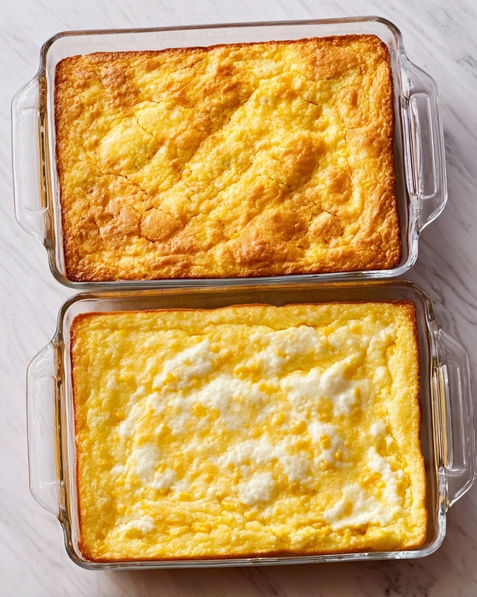 Two clear glass square baking dishes are placed side by side on a white marbled surface. The dish on the left holds a golden brown baked corn casserole with a slightly rough, crumbly texture on top and evenly browned edges. The dish on the right contains a creamy, lighter yellow baked side with a smooth, slightly uneven surface showing some soft white and pale yellow patches, also with gently browned edges. Both dishes fill the frame, showing their full shape and handles. Photo taken with an iphone --ar 4:5 --v 7