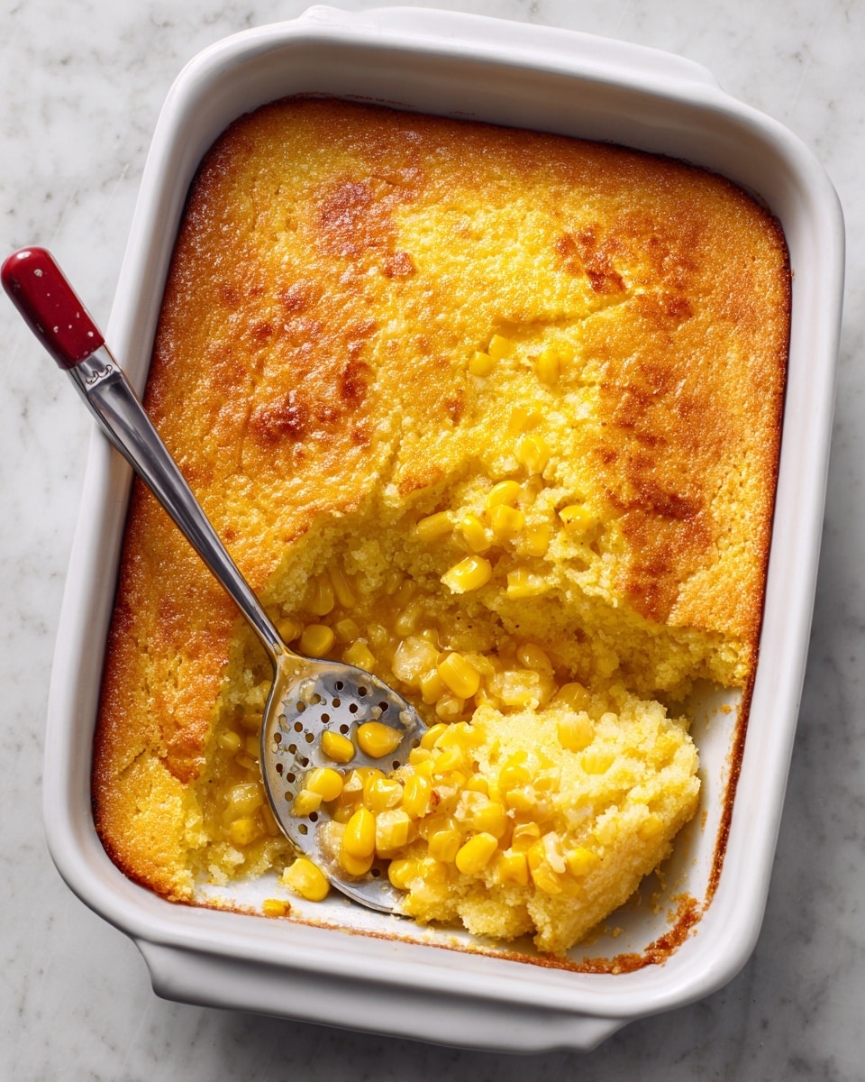 The image shows a white rectangular baking dish filled with a two-layered corn pudding. The bottom layer is a soft mix of yellow corn kernels and creamy yellow batter. The top layer is a golden-brown baked crust that covers most of the pudding, with a scoop taken out from the corner, revealing the creamy corn inside. A metal slotted spoon with a red handle rests inside the dish, scooping up some of the corn pudding. The dish is placed on a white marbled surface. Photo taken with an iphone --ar 4:5 --v 7