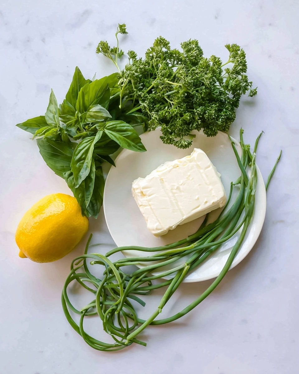 A white plate sits on a white marbled surface holding a block of creamy white cheese, surrounded by a bunch of curly green parsley at the top left and long, coiled green garlic scapes below it. To the bottom left of the plate, a bright yellow lemon rests next to a small bunch of dark green fresh basil leaves. The colors are fresh and vibrant, with the green herbs contrasting nicely with the white cheese and plate, all arranged loosely but neatly for an inviting and natural look. Photo taken with an iphone --ar 4:5 --v 7
