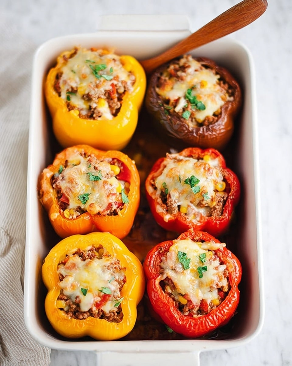 The image shows six stuffed bell peppers arranged neatly in a white rectangular baking dish, placed on a white marbled surface. There are three yellow peppers, two red peppers, and one dark brown pepper, all standing upright. Each pepper is filled with a mix of ground meat, corn, diced vegetables, and topped with melted cheese that has a slightly browned, bubbly texture. Small pieces of green herbs are sprinkled on top of the filling, adding a touch of color. A wooden fork and woman's hand are visible at the top left corner of the dish. Photo taken with an iphone --ar 4:5 --v 7