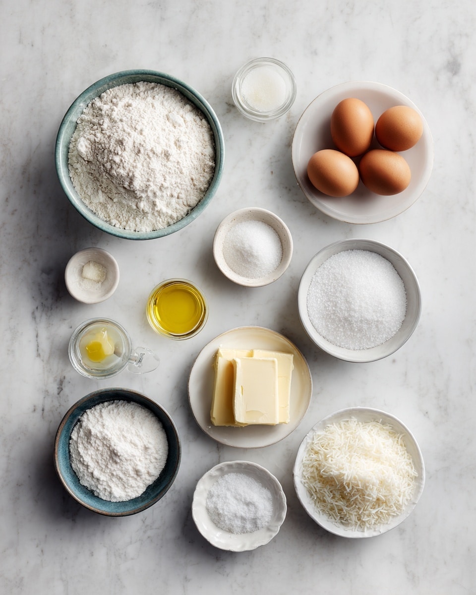 Top-down professional food photography flat lay style, bright white marble countertop, neatly arranged, evenly spaced, tidy, clean organized layout, include: bowl of all-purpose flour, small bowl of baking powder, small bowl of salt, small plate with softened butter, bowl of granulated sugar, bowl of sweetened shredded coconut, small plate with two large eggs, small bowl with key lime zest, small glass cup of key lime juice, small bottle of coconut flavoring, small bowl of powdered sugar, bright soft natural lighting, sharp focus, high detail textures, realistic reflections, professional DSLR look, 4K, no finished dish, no cooked food, no hands, no text, no watermark, no brand logos --ar 4:5 --v 7