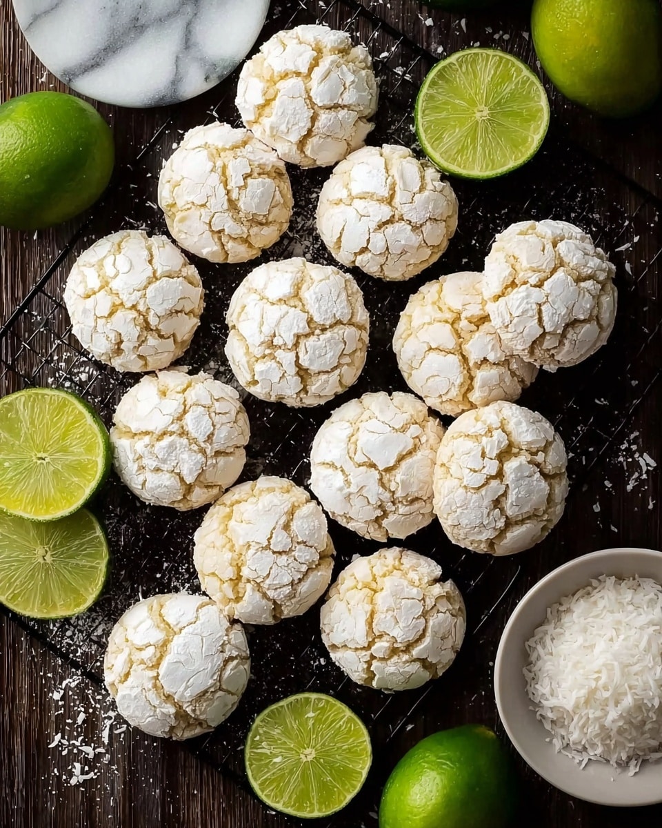 This image shows a collection of round cookies with a cracked white powdered sugar coating on top, arranged on a black wire cooling rack. The cookies have a pale beige base visible through the cracks in the sugar, creating a textured look. Around the cooling rack, there are several slices of bright green lime with visible seeds and juicy segments, as well as whole limes with smooth, shiny skin. On the right side of the image, there is a white bowl filled with shredded coconut, adding a rough white texture. The entire scene is set on a dark wooden surface with a white marbled texture partially visible. photo taken with an iphone --ar 4:5 --v 7