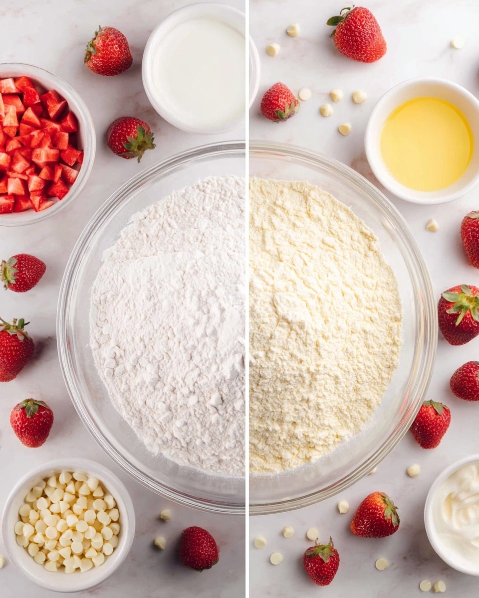 The image shows two side-by-side photos of baking ingredients set on a white marbled background. Each photo has a clear glass bowl in the center filled with dry flour-like powder, layered smoothly and evenly. Surrounding the bowl are several small white bowls holding a white liquid, melted yellow butter, and chopped red strawberries. Scattered around the bowls and on the background are whole red strawberries and white chocolate chips, adding bright color contrasts. The left side shows the flour and sugar separated in the bowl, while the right side shows the dry ingredients mixed together. photo taken with an iphone --ar 4:5 --v 7