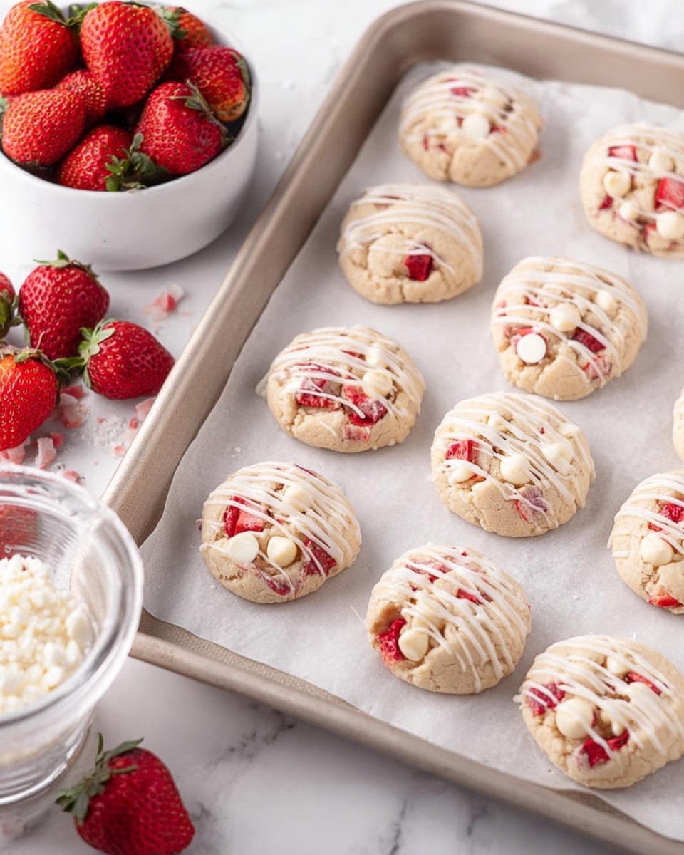 The image shows a tray filled with round cookies on parchment paper, each cookie containing visible pieces of red strawberry and white chocolate chips embedded within a pale, light beige dough. The cookies are drizzled with thin white lines of icing on top, creating a textured pattern. The tray is on a white marbled surface, and in the background, there is a white bowl filled with fresh, whole red strawberries, some scattered on the surface nearby. The colors mainly include soft beige for the cookies, bright red for the strawberries, and creamy white for the chocolate chips and icing. photo taken with an iphone --ar 4:5 --v 7