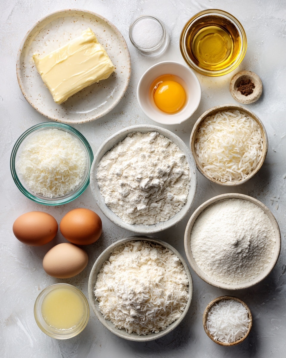 Top-down professional food photography flat lay style, bright white marble countertop, neatly arranged, evenly spaced, tidy, clean organized layout. Include: small plate of salted butter, small bowl of granulated sugar, small plate with eggs, bottle of vanilla flavoring, glass measuring cup of canola oil, bowl of all-purpose flour, small bowl of baking powder, small plate of salted butter, bowl of powdered sugar, small glass cup of pineapple juice, small bowl of shredded coconut, small bowl of coconut flavoring. Bright soft natural lighting, sharp focus, high detail textures, realistic reflections, professional DSLR look, 4K. No finished dish, no cooked food, no hands, no text, no watermark, no brand logos --ar 4:5 --v 7