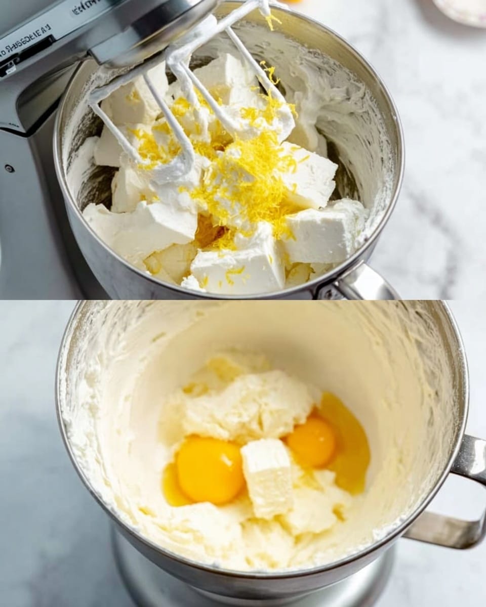 The image shows a close-up of a white mixing bowl attached to a silver stand mixer on a white marbled surface. Inside the bowl, white cream cheese squares are partially mixed with some yellow lemon zest sprinkled on top. In the next part of the image, the cream cheese mixture is blended smooth and creamy, with three bright yellow egg yolks sitting clearly on the right side of the bowl, ready to be mixed in. The white mixing blades of the mixer are visible inside the bowl, working through the mixture. The photo has a clean and bright look, with ingredients stacked and ready for mixing, photo taken with an iphone --ar 4:5 --v 7