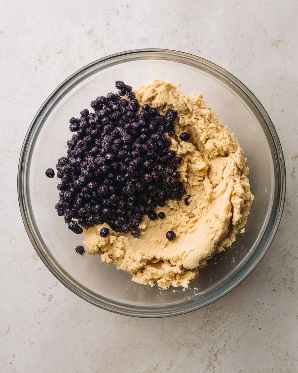 A clear glass bowl holds two main layers: a thick, light beige dough with a slightly grainy texture spread across most of the bowl, and a pile of small, dark purple berries clustered together on the left side, slightly resting on the dough. The bowl sits on a white marbled surface, showing some texture beneath it. The dough looks soft and dense, while the berries have a matte, frosted appearance. Photo taken with an iphone --ar 4:5 --v 7