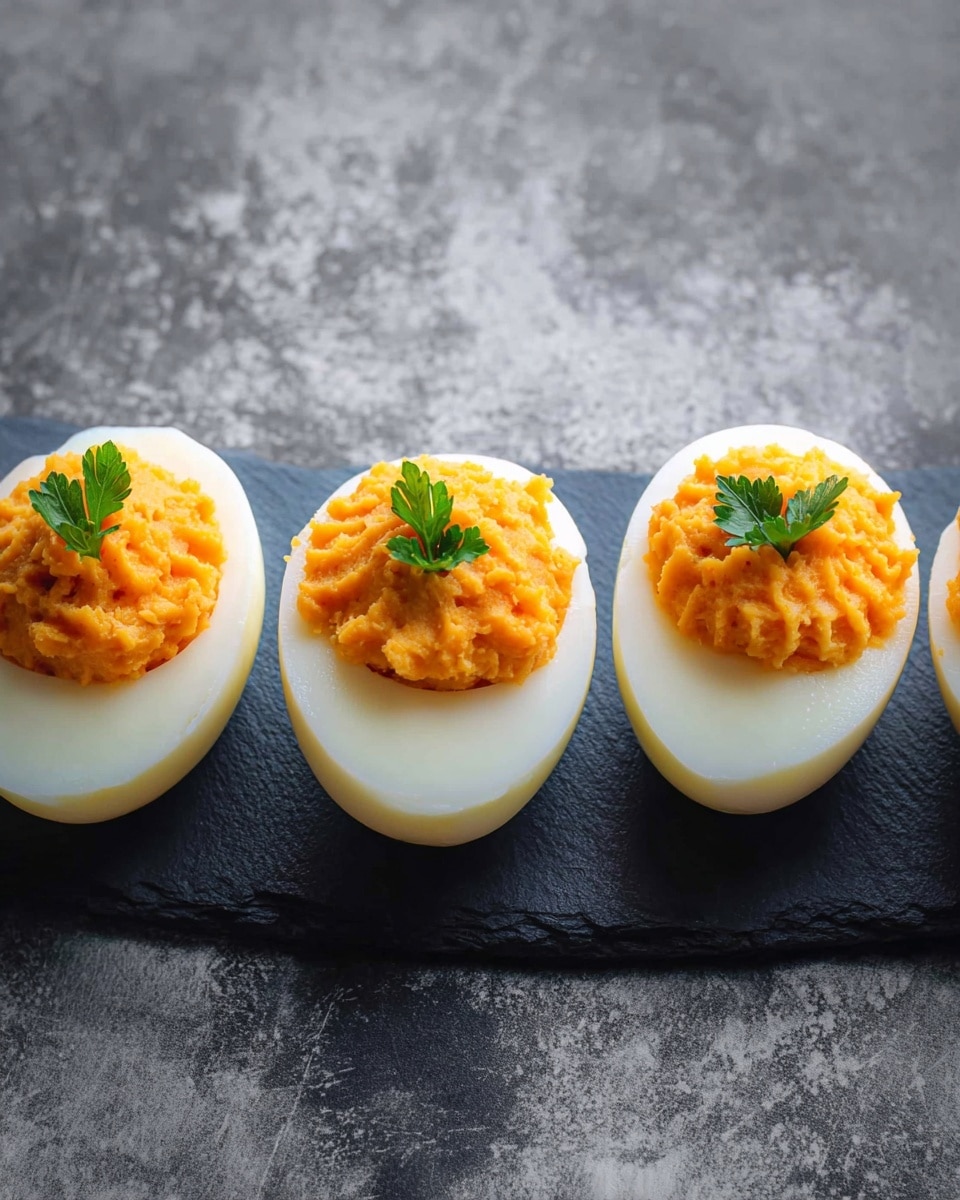 Four halved boiled eggs are lined up on a dark stone textured surface with a white marbled background. Each egg has three layers: a smooth white outer egg white layer, a middle pale yellow ring where the yolk used to be, and on top, a bright orange mashed filling shaped into a round mound with a textured surface showing small grooves. Each filling mound is garnished with a small green parsley leaf placed near the top center. The eggs are evenly spaced in a horizontal line. Photo taken with an iphone --ar 4:5 --v 7
