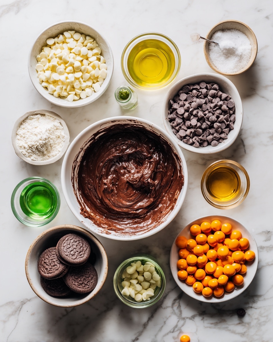 Top-down professional food photography flat lay style, bright white marble countertop, neatly arranged, evenly spaced, tidy, clean organized layout, include: large bowl of chocolate brownie mix batter, small bowl of white chocolate chips, small glass cup of vegetable oil, small glass cup of green food coloring, small bowl of chocolate frosting, small bowl of crushed chocolate sandwich cookies, small plate with assorted orange pumpkin-shaped candies, bright soft natural lighting, sharp focus, high detail textures, realistic reflections, professional DSLR look, 4K, no finished dish, no cooked food, no hands, no text, no watermark, no brand logos --ar 4:5 --v 7