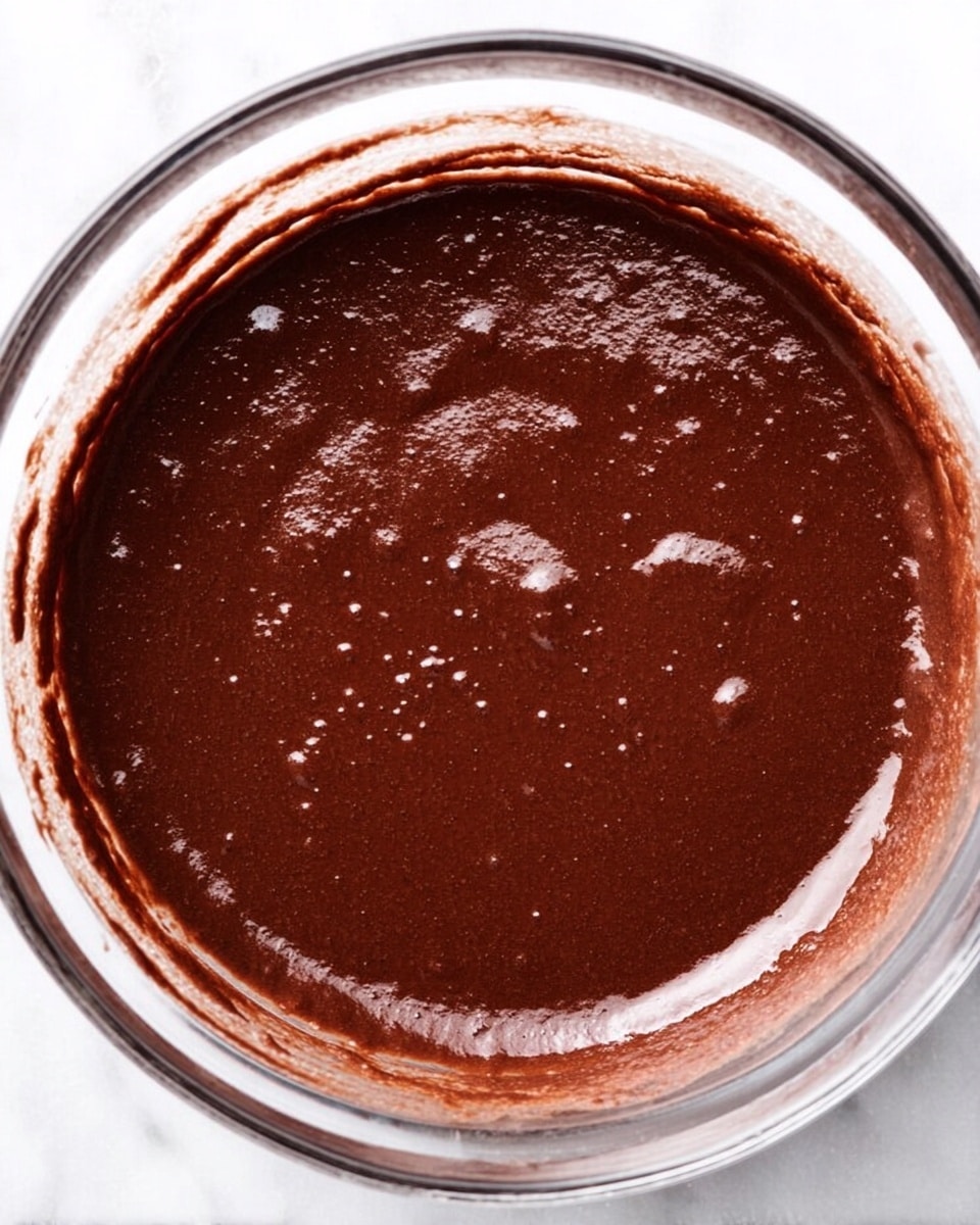 A glass bowl filled with smooth, thick, dark brown chocolate batter with a shiny surface. The batter clings slightly to the sides of the bowl, showing some texture, and small bubbles are visible on the surface. The bowl sits on a white marbled texture. photo taken with an iphone --ar 4:5 --v 7