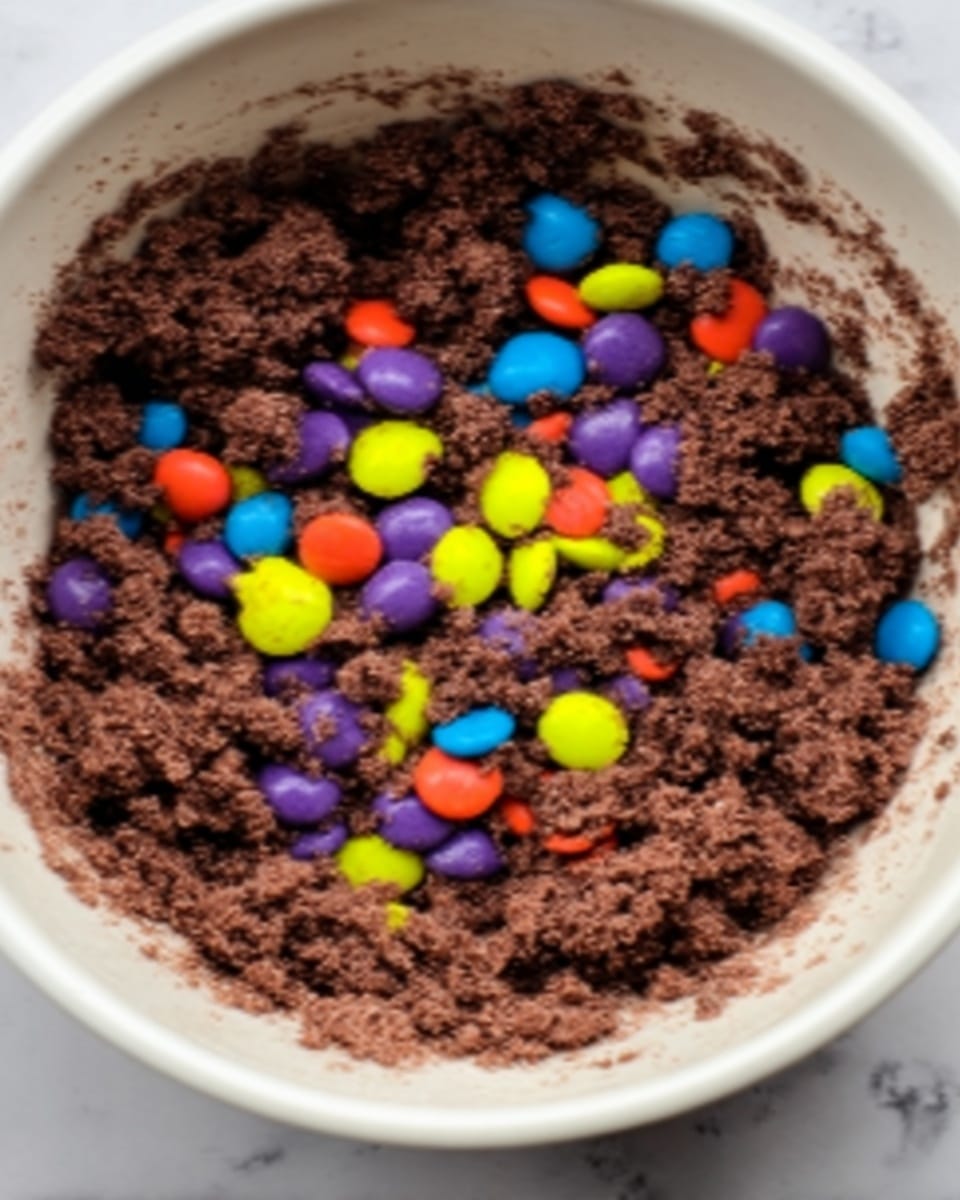 The image shows a close-up of a bowl filled with crumbly brown chocolate dough mixed with colorful candy-coated chocolate pieces in red, purple, yellow, blue, and orange scattered mainly on top but also mixed into the dough below. The dough looks soft and thick with a rough texture, and the candy pieces add a shiny and smooth contrast. The bowl is white, placed on a white marbled surface. photo taken with an iphone --ar 4:5 --v 7