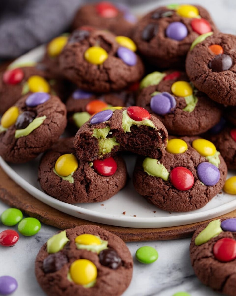 The image shows a group of small round chocolate cookies with bright candy pieces on top in red, yellow, purple, and green colors. The cookies are dark brown with a slightly rough texture. Some cookies have green cream oozing out from the middle, including one cookie that is broken in half and placed on top of others on a round white plate. Around the plate, more cookies are scattered on a white marbled surface. The colors of the candy and cream contrast well with the dark cookies, creating a playful look. photo taken with an iphone --ar 4:5 --v 7