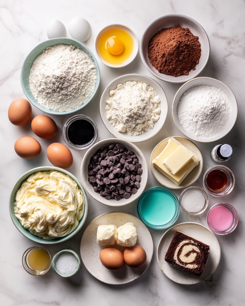 Top-down professional food photography, flat lay style, bright white marble countertop, neatly arranged, evenly spaced, tidy, clean organized layout, include: bowl of all-purpose flour, bowl of unsweetened cocoa powder, bowl of granulated sugar, small plate of unsalted butter, small plate of large eggs, bowl of melted dark chocolate, bowl of white chocolate chips, bowl of dark chocolate chips, bowl of American buttercream frosting, small bowl of cocoa powder, small glass cup of milk, small bottle of black food gel, small bottle of teal food gel, small bottle of yellow food gel, small bottle of red food gel, small bottle of purple food gel, small bottle of pink food gel, small plate of liquorice roll, bright soft natural lighting, sharp focus, high detail textures, realistic reflections, professional DSLR look, 4K, no finished dish, no cooked food, no hands, no text, no watermark, no brand logos --ar 4:5 --v 7