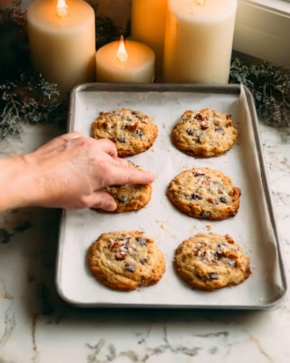 The image shows a white baking tray lined with parchment paper holding six round, golden-brown cookies with visible chocolate chips and nuts. In the top left, a woman's hand reaches out to touch or pick up one cookie, partially blurred to show motion. The background features a white marbled surface with three lit cream-colored candles and some sprigs of pine or greenery. The overall scene is warm and cozy, highlighting the freshly baked cookies in soft natural light. photo taken with an iphone --ar 4:5 --v 7