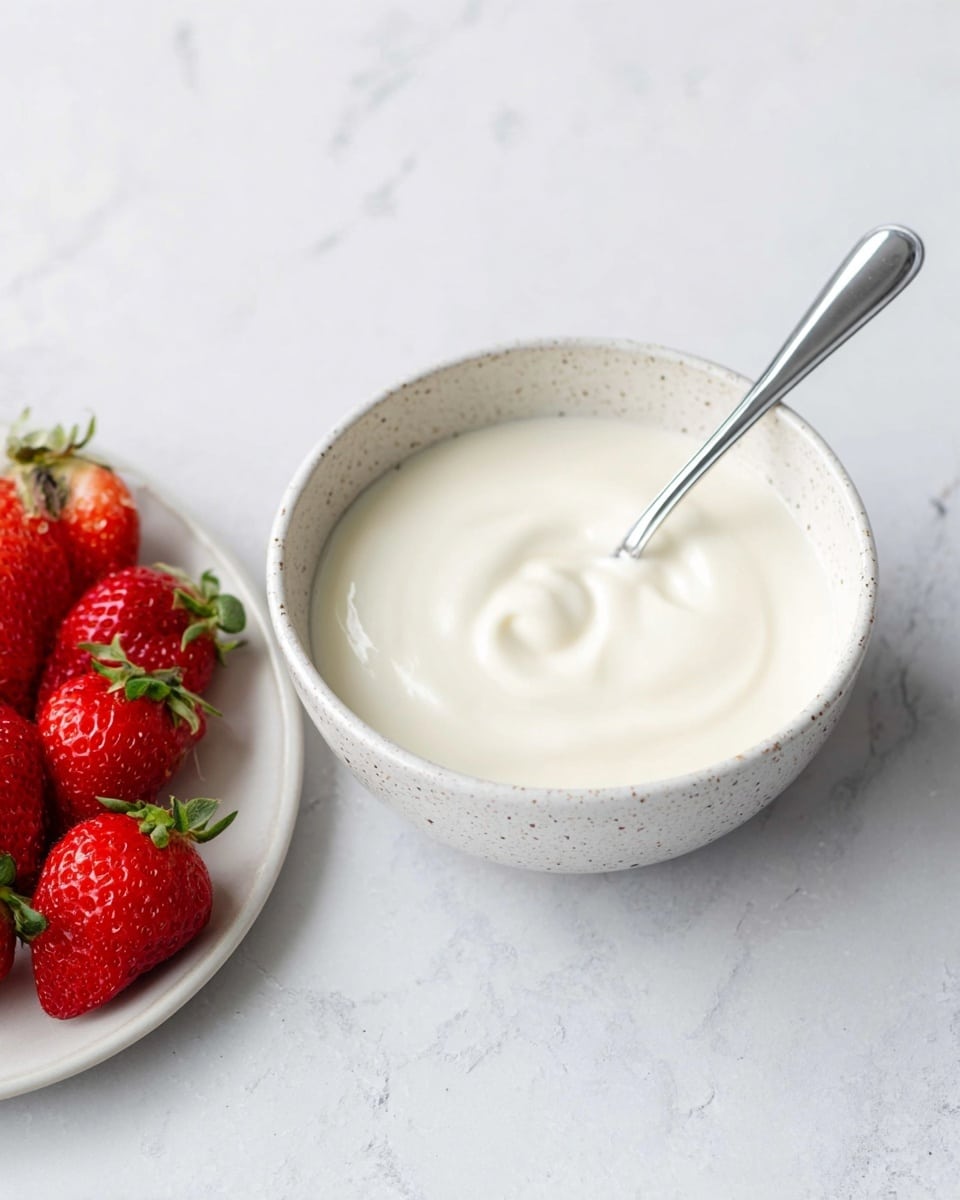 A white speckled bowl sits on a white marbled surface filled with a smooth, creamy white yogurt or sauce, gently swirled with a shiny silver spoon resting inside, pointing towards the top right. To the left, a white plate holds several bright red strawberries with green leafy tops, arranged neatly. The colors contrast softly against the white marbled background, creating a fresh and simple look photo taken with an iphone --ar 4:5 --v 7