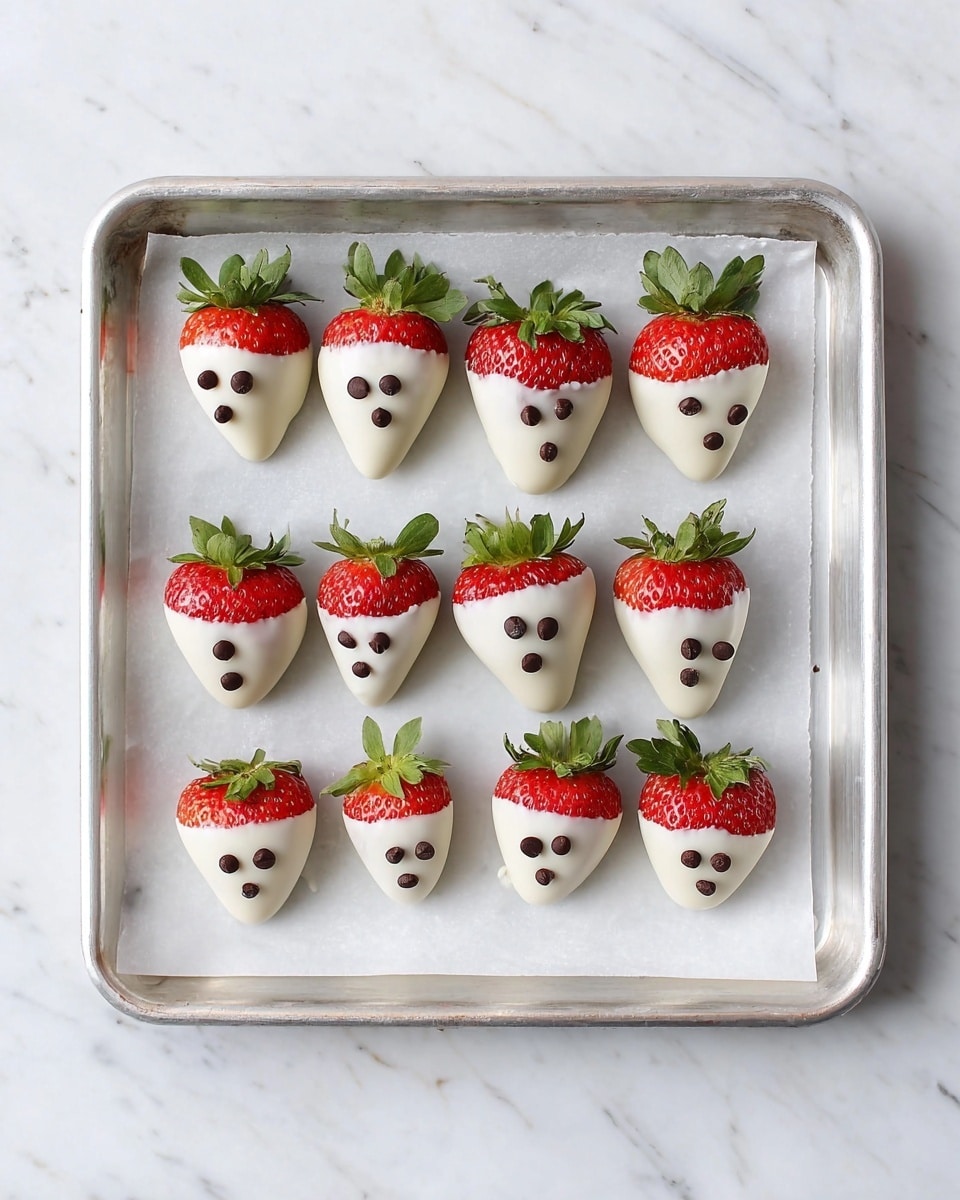 The image shows ten strawberries dipped halfway in smooth white chocolate, arranged in two rows on a silver baking tray lined with white parchment paper. Each strawberry is bright red with green leafy tops and has small dark chocolate dots forming faces with two eyes and a small mouth on the white chocolate part. The tray sits on a surface with a white marbled texture. photo taken with an iphone --ar 4:5 --v 7