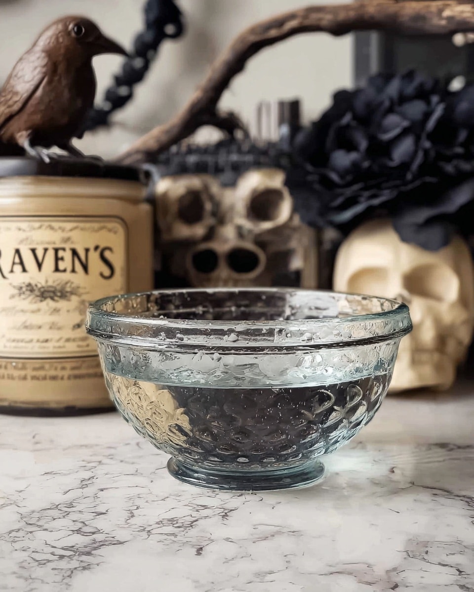 A clear glass bowl with a textured, dimpled surface is filled halfway with water, placed on a white marbled surface. In the background, there are decorative items including a small brown bird figure on a beige container labeled