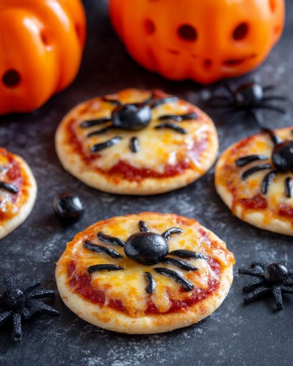 The image shows small round pizzas on a dark surface with Halloween decorations. Each pizza has a thick, light brown crust at the bottom. On top of the crust is a smooth, bright red tomato sauce layer, followed by a melted golden yellow cheese layer that covers most of the pizza. Black olive pieces are arranged on the cheese to look like spiders, with one whole olive as the body and thin olive slices as legs placed in a circular pattern around it. Some loose black olives and small black spider decorations are scattered around the pizzas. A white marbled texture replaces the dark surface and there are two bright orange pumpkin-shaped containers in the background. photo taken with an iphone --ar 4:5 --v 7