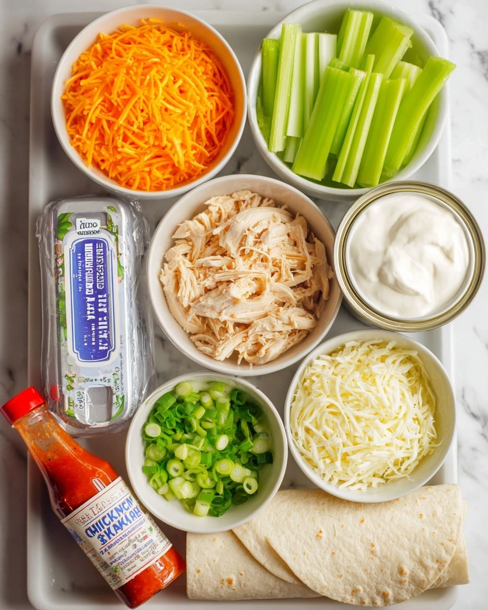 This image shows ingredients arranged neatly on a white marbled surface. There is a white container of sour cream at the top right and a can of chicken next to it. To the left, shredded orange cheese is in a white bowl, and below it, fresh celery sticks sit in another white bowl. Shredded white cheese is in a small white bowl below the chicken can. Below the shredded cheese is a bowl of chopped green onions. At the bottom left, a bottle of hot sauce leans beside two packages of original cream cheese in white wrappers. A folded tortilla wrap is placed on the right side. Photo taken with an iphone --ar 4:5 --v 7