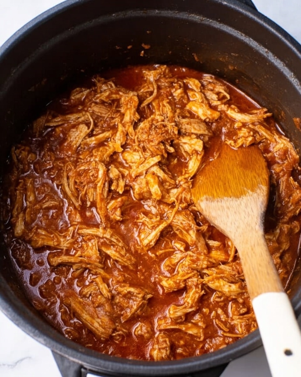 The image shows a black cooking pot filled with shredded meat mixed in a thick, reddish-brown sauce. The meat fibers are moist and soft-looking, blending smoothly with the sauce, which has a glossy texture. A wooden spoon with a white handle rests inside the pot, partially covered by the sauce, and the background is a white marbled surface. photo taken with an iphone --ar 4:5 --v 7