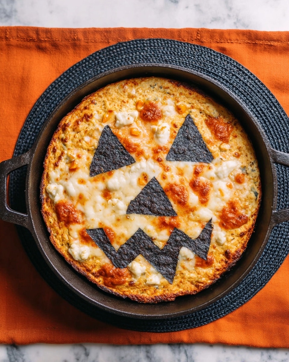 The image shows a round pizza in a black cast iron pan, placed on a textured black circular mat over a white marbled surface with an orange cloth underneath. The pizza has one layer of golden-brown baked crust topped with melted cheese that is mostly white with some orange patches. On top, there are five dark triangle-shaped pieces arranged to look like a jack-o'-lantern face, with two triangles as eyes near the top, one smaller triangle as a nose below them, and two large shapes forming a jagged mouth at the bottom. The overall look is festive and fun, resembling a Halloween theme. Photo taken with an iphone --ar 4:5 --v 7