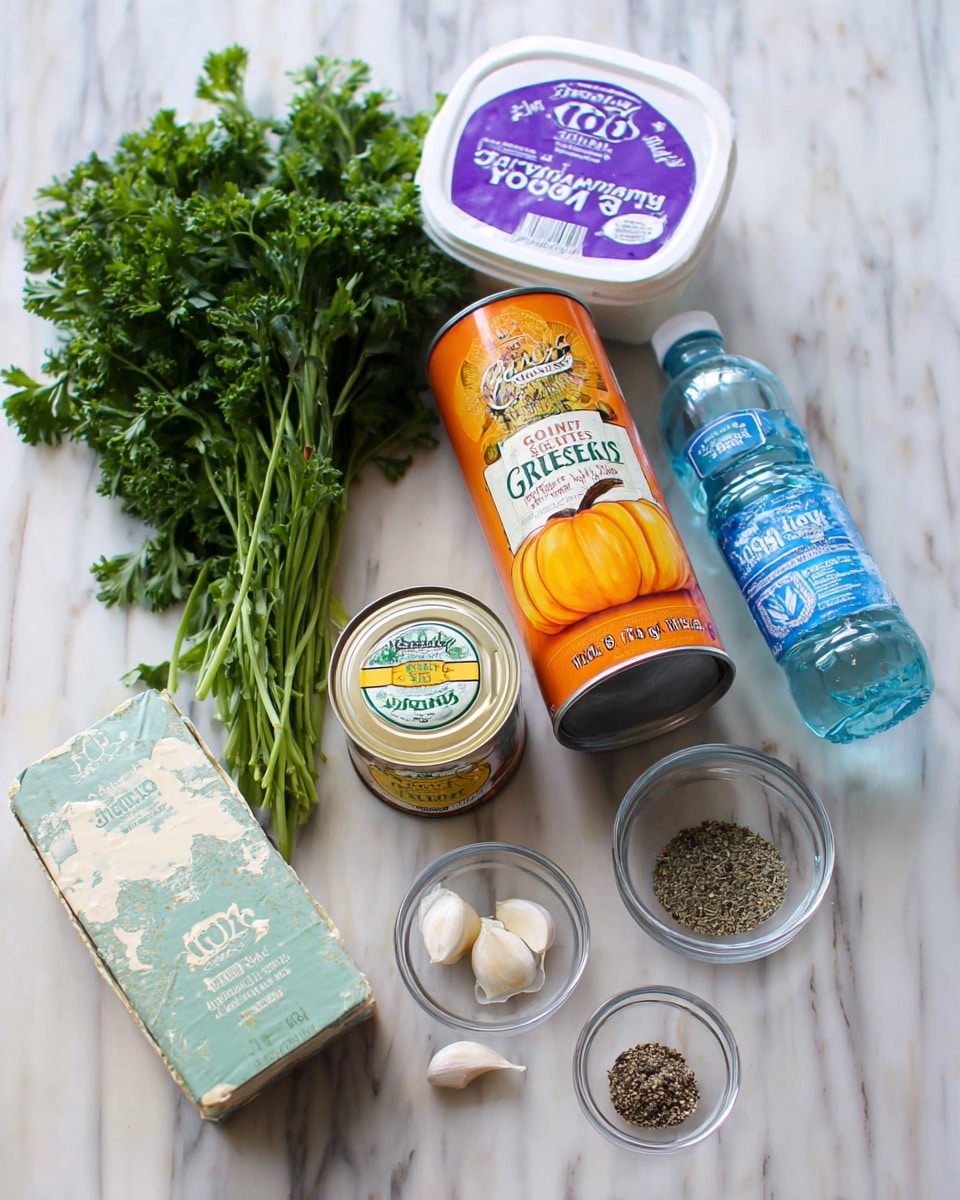 The image shows a group of cooking ingredients laid out on a white marbled surface. On the left side, there is a bunch of fresh green parsley with long stems and leafy tops. Next to the parsley, there is a white plastic tub with a purple and white label of sour cream. To the right of the sour cream, there is a tall, silver can with an orange label showing a pumpkin. In front of this can, there is a smaller silver can with a yellow label that says jalapenos. On the bottom left, there is a rectangular box of cream cheese with a light green and black design. In front of this box, two peeled garlic cloves rest on the surface. On the right side of the image, there is a clear plastic bottle with a blue cap labeled thyme. Next to it, two small clear bowls hold black pepper and white salt. The light is soft and natural, creating clear and sharp details. Photo taken with an iphone --ar 4:5 --v 7