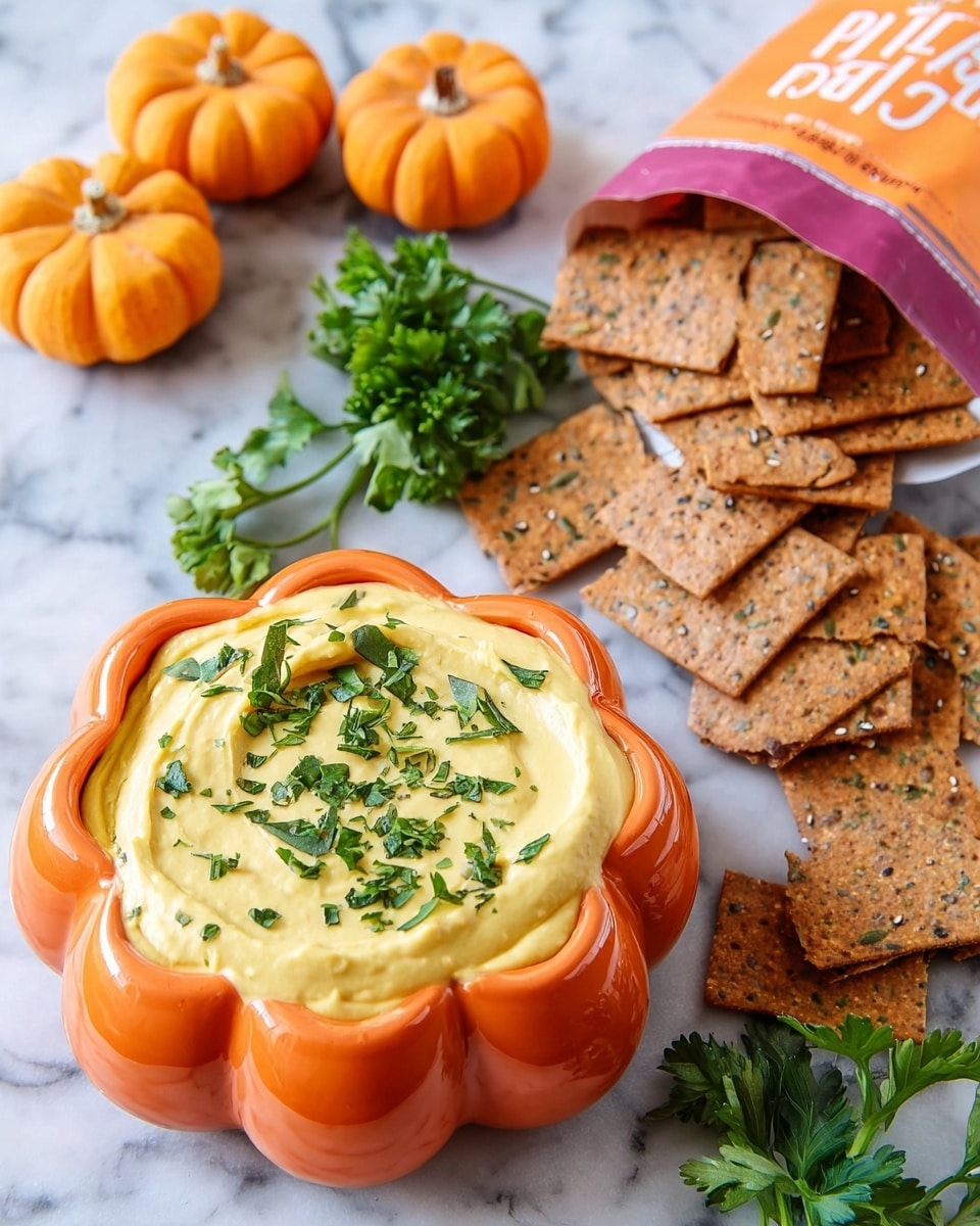 A small orange bowl shaped like a pumpkin is filled with a smooth, thick, pale yellow dip sprinkled with green chopped herbs on top. Around the bowl are several brown rectangular pita crisps with visible seeds and spices, spilling out of an orange and magenta bag. There are three small orange pumpkin-shaped containers nearby and a bunch of fresh green parsley leaves lying next to them, all placed on a white marbled surface. Photo taken with an iphone --ar 4:5 --v 7