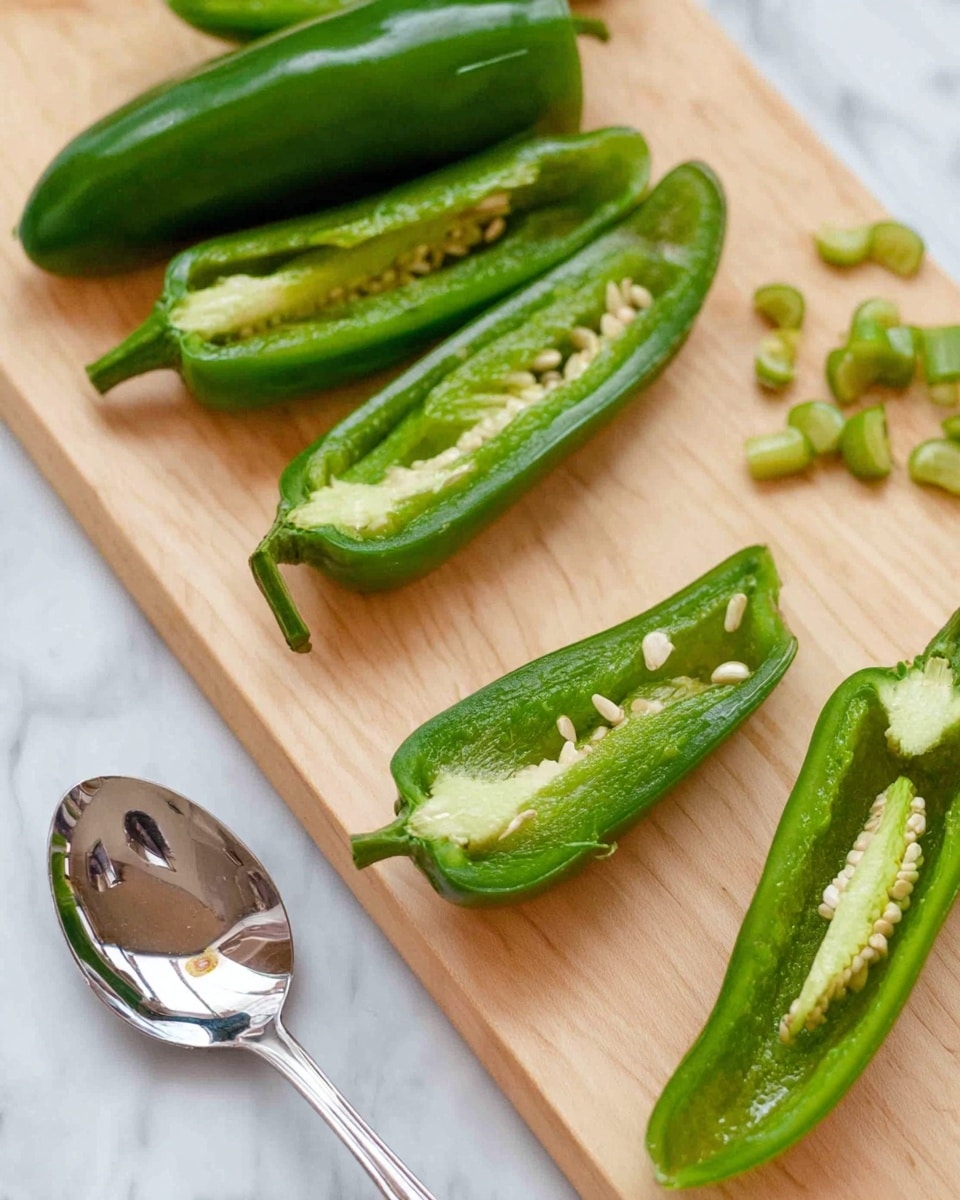 Several green jalapeño peppers are halved and hollowed out, showing smooth, shiny green skin and lighter green inside walls. The peppers are arranged in a loose row on a light wood cutting board, with one half placed at the front showing some seeds left inside. To the right side, removed seeds and inner ribs are lined up beside the pepper halves. A silver spoon lies on the left side of the board, reflecting light. The scene is set on a white marbled surface. photo taken with an iphone --ar 4:5 --v 7