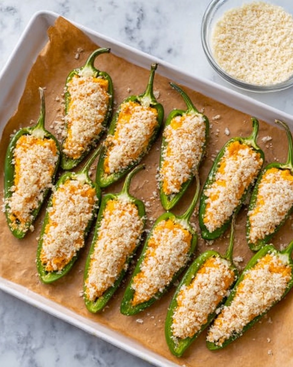 A white baking tray lined with brown paper holds two rows of green peppers filled with an orange filling and topped with a thick layer of white breadcrumbs. The peppers are neatly arranged in close rows, with the stems still attached and facing the same direction. In the top right corner, there is a small clear bowl filled with more white breadcrumbs. The surface underneath the tray shows a white marbled texture. photo taken with an iphone --ar 4:5 --v 7