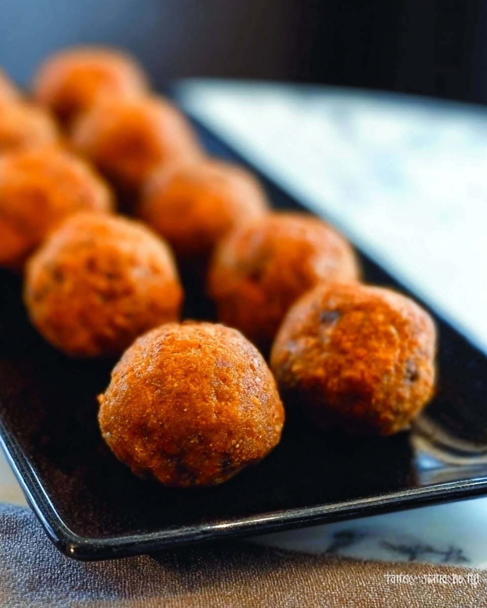 The image shows a black rectangular plate placed on a white marbled surface, filled with several round food balls that have a golden-brown color and a slightly textured surface. Each ball looks crispy and evenly cooked, arranged close together in rows on the plate. The focus is on the front balls with a soft blur on the ones near the back, creating depth. The lighting highlights the warm tones and texture of the balls. Photo taken with an iphone --ar 4:5 --v 7