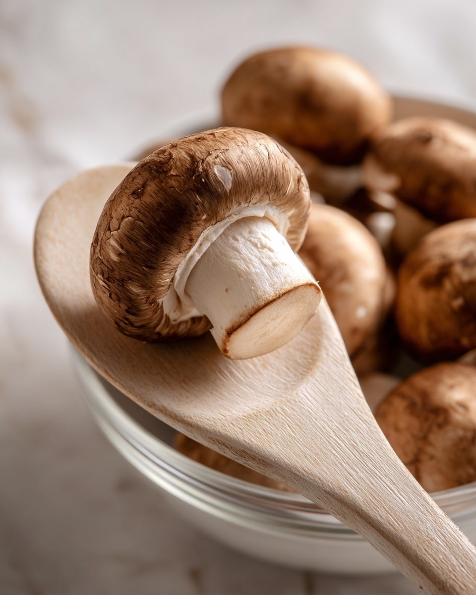 A close-up view shows a single brown mushroom with a smooth, curved cap and a lighter, creamy center, resting on a pale wooden spatula. Below and around the spatula, multiple similar mushrooms with rounded caps and firm texture sit inside a clear white bowl, all placed on a white marbled surface. The image captures the earthy tones and natural textures of the mushrooms with soft lighting. Photo taken with an iphone --ar 4:5 --v 7