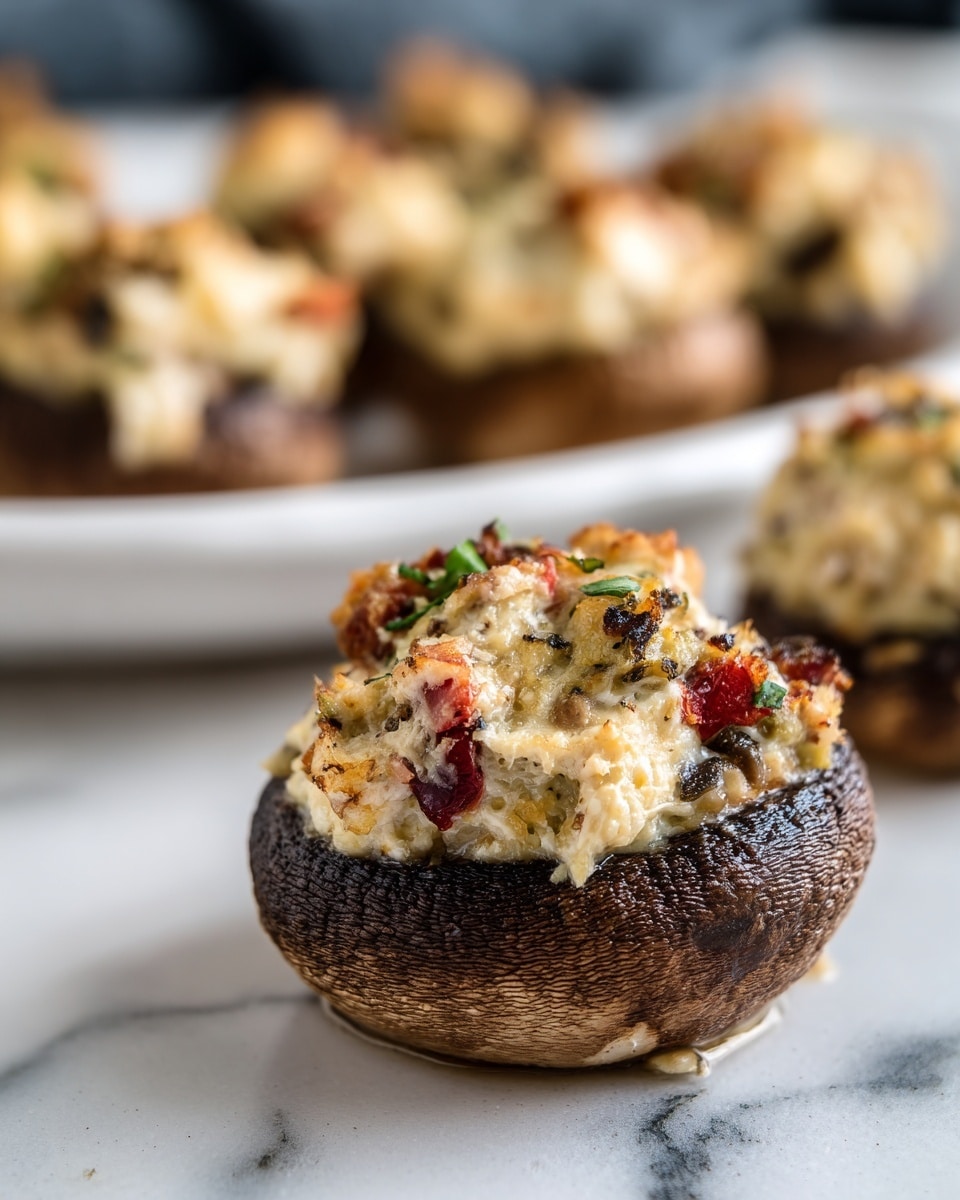 The image shows a close-up of a stuffed mushroom on a surface with a white marbled texture. The mushroom cap is dark brown and has a shiny, smooth texture. Inside the cap, there is a creamy beige layer of filling, topped with a chunky mix of colors including red, green, and light brown, suggesting a mix of vegetables or herbs. In the background, there is a white plate holding more stuffed mushrooms with similar layers and a blurry dark backdrop. Photo taken with an iphone --ar 4:5 --v 7