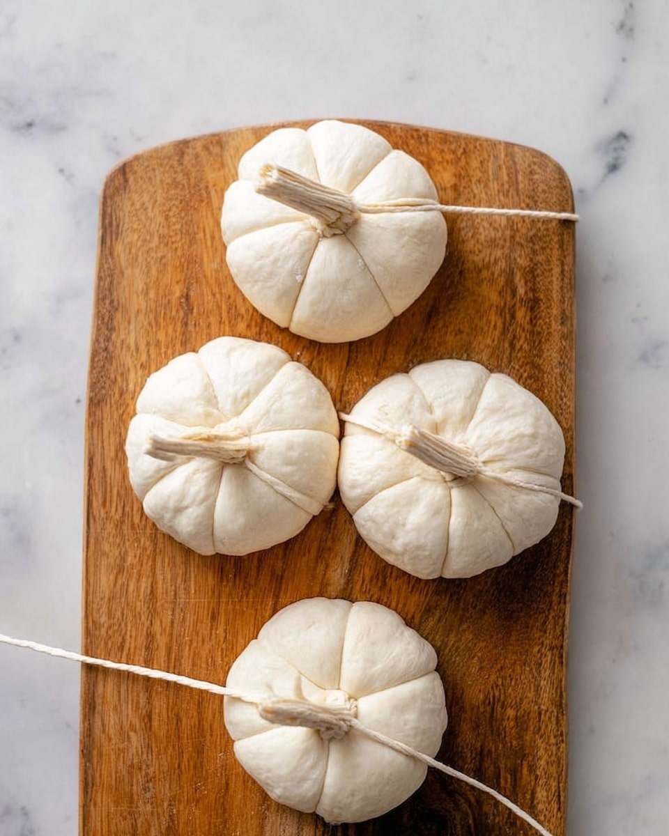 Four dough balls are placed on a wooden cutting board over a white marbled surface. Three dough balls at the top are tied with string to create a pumpkin shape with visible sections; they are white with a smooth texture and light string marks forming eight segments on each. The fourth dough ball at the bottom is not yet tied, with a string being held taut across it. No other layers or colors are present. photo taken with an iphone --ar 4:5 --v 7