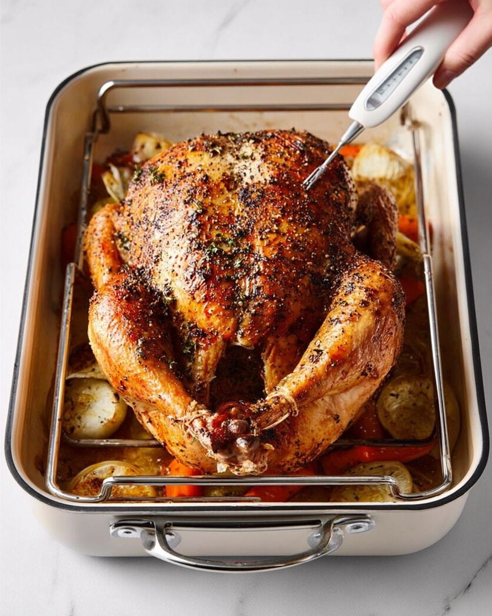 A whole roasted chicken with a golden brown, crispy skin sprinkled with black pepper and herbs sits in a white roasting pan with a metal rack. The chicken is spread out with legs and wings extended, and inside it, there are pieces of cooked onion, lemon, and herbs to add flavor. Around the chicken, you can see cooked carrot pieces. A woman's hand is holding a white meat thermometer, checking the temperature in the thickest part of the chicken. The white marbled surface under the pan adds a clean, bright background. photo taken with an iphone --ar 4:5 --v 7