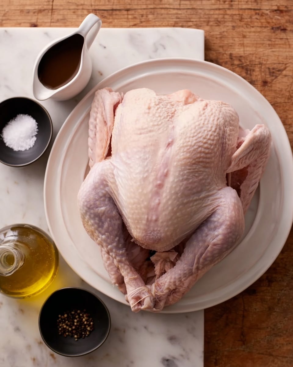 A raw whole turkey with pale pink skin and visible texture of the feathers is placed in the center of a white plate. The turkey is lying flat on its back with its legs close together at the bottom and wings spread slightly at the sides. Around the plate on a wooden surface are small black bowls with white salt and black pepper, a white gravy boat with dark brown gravy, and a glass bottle with golden olive oil. The surface beneath everything is changed to a white marbled texture. photo taken with an iphone --ar 4:5 --v 7