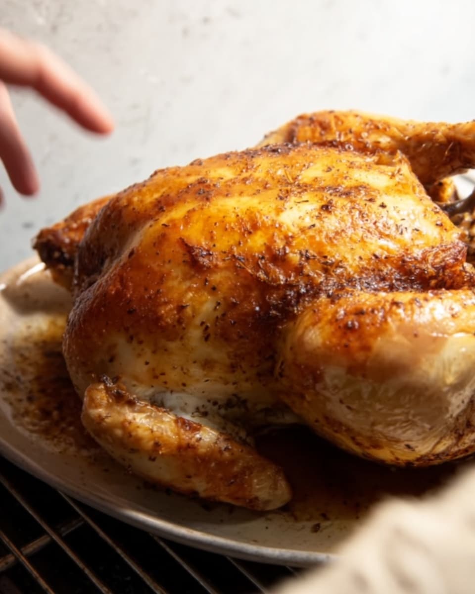 The image shows a whole roasted chicken with a golden brown, crispy skin, placed on a white plate. The chicken has visible seasoning on the surface with a slightly shiny texture from the roasting juices. It sits on a white marbled textured surface, and a woman's hand is reaching to touch the edge of the plate. The lighting highlights the crispiness of the chicken skin, showing depth and texture clearly. photo taken with an iphone --ar 4:5 --v 7